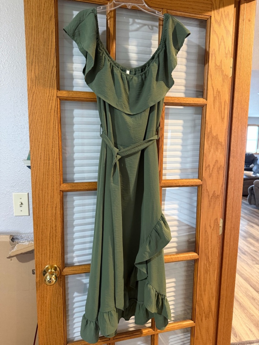Women's Olive Ruffle Midi Dress with Waist Tie